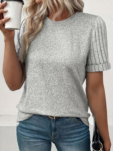 Womens Summer Tops Soft Spring Short Sleeve Casual Blouses Shirt Crewneck Fashion Knit Pullover Sweater in Saudi Arabia
