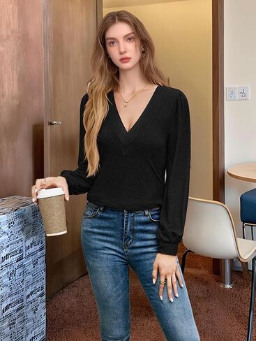 Women's V-Neck Long Sleeve Top, V-Neck Solid Color Women's T-Shirt, Deep V-Neck Long Sleeve T-Shirt, Casual T-Shirt in Saudi Arabia