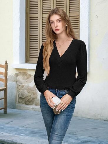 Women's V-Neck Long Sleeve Top, V-Neck Solid Color Women's T-Shirt, Deep V-Neck Long Sleeve T-Shirt, Casual T-Shirt in Saudi Arabia