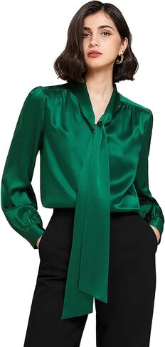 Mommesilk نقية 22 مومي الحرير ربطة القوس فيونكة بلوزة للنساء طويلة الأكمام الشريط طوق العمل عادية لينة الفاخرة قميص للسيدات in Kuwait