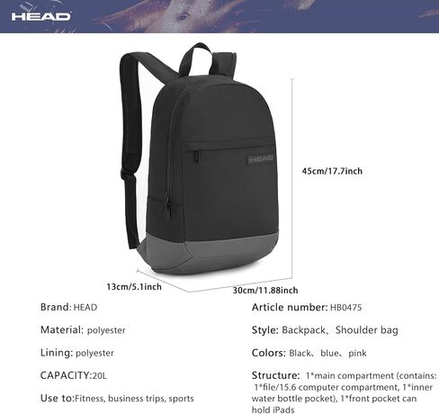 HEAD Small Waterproof Backpack for Women & Men, Lightweight Casual Daypack with 15.6 Inch Laptop Compartment, Compact Basic Bag for Sport, Fitness, Daily Use in Saudi Arabia