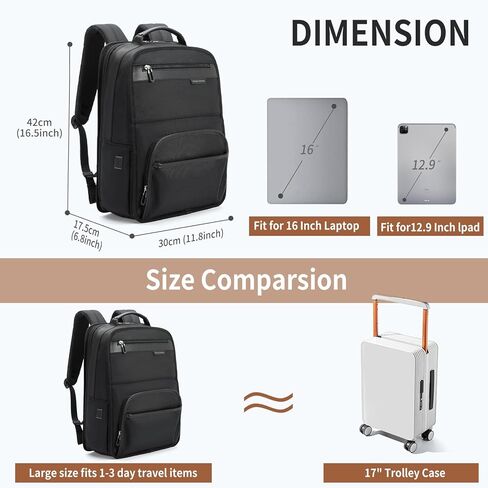 حقيبة ظهر للكمبيوتر المحمول مقاس 16 بوصة من NOBLEMAN للرجال المحترفين، قماش 1680D مقاوم للماء، حقائب ظهر كاجوال 20 لتر مقاومة للخدش، حقيبة نهارية شديدة التحمل لحقائب الكمبيوتر الجامعية مع شحن USB (أسود) in Kuwait