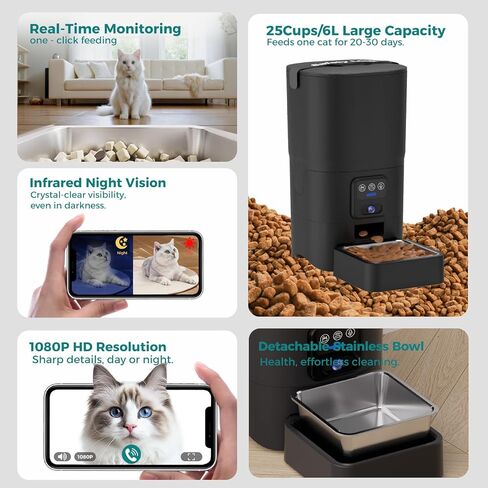 Smart Automatic Cat feeders(2.4G WiFi) and External Camera(2.4/5G WiFi), WiFi Pet Feeder with APP, 1080P HD Video with Enhanced IR Night Vision,Blue-Tooth Link Assist Function&Cloud Storage in Kuwait