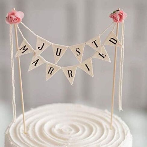 Wedding Cake Topper,Family Party Cake Topper,Vintage Affair Rustic Just Married Wedding Cake or Cheese Bunting,Handmade Pennant Flags with Wood Pole Ivory (4) in Kuwait
