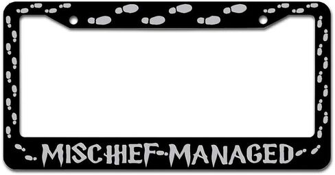 Mischief Managed Car License Plate Frame 2 Holes Lettering Black Metal Footprint Car Tag Holder in Saudi Arabia