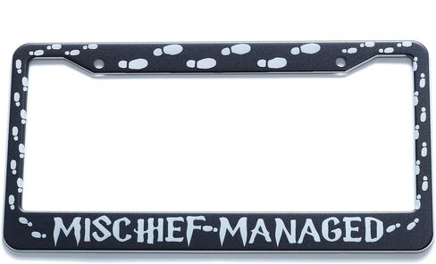 Mischief Managed Car License Plate Frame 2 Holes Lettering Black Metal Footprint Car Tag Holder in Saudi Arabia