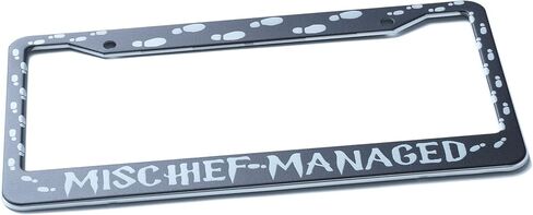 Mischief Managed Car License Plate Frame 2 Holes Lettering Black Metal Footprint Car Tag Holder in Saudi Arabia