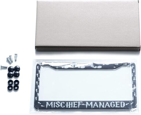 Mischief Managed Car License Plate Frame 2 Holes Lettering Black Metal Footprint Car Tag Holder in Saudi Arabia