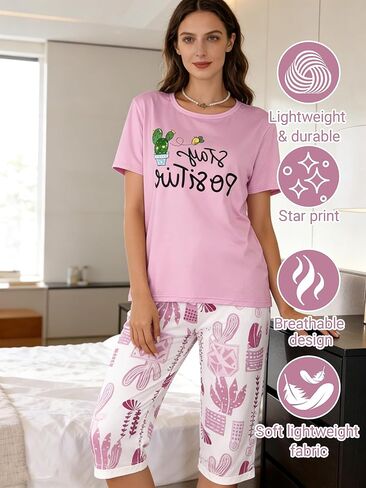 Women Pajama Set Short Sleeve Top and Capri Pants Sleepwear Outfit Printed Lounge Wear Home Relax Style in Saudi Arabia