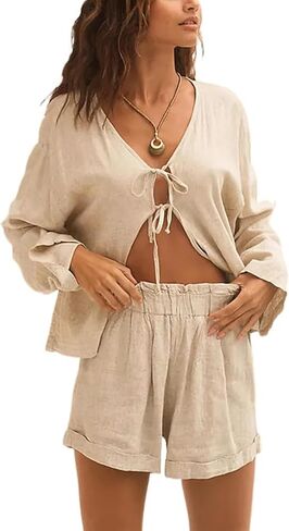 2 Piece Outfits For Women Long Sleeve Lace up Shirts Short Sets Summer Lounge Matching Sets with Pockets in Saudi Arabia