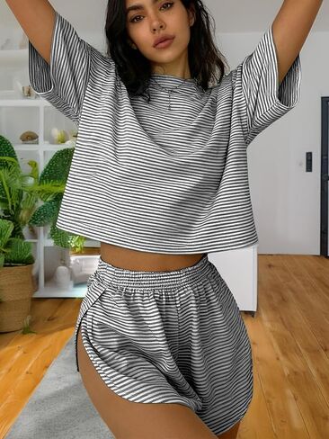 Pajama Sets Lounge Women’s, Short Sleeve Crop Top and Side Slit Shorts, Soft Striped 2026 Summer Outfit in Saudi Arabia