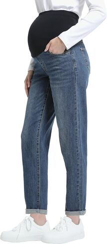 Women's Maternity Jeans Over Belly Comfy Stretch Boyfriend Jeans with Pockets Loose Pregnancy Denim Pants in Kuwait