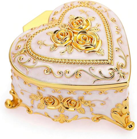 Feyarl Vintage Heart Shaped Jewelry Box White Gold Rose Trinket Box with Velvet Lining Small Ring Earrings Box Case Keepsake Storage Decorative Organizer Box for Women Girls Gift in Saudi Arabia