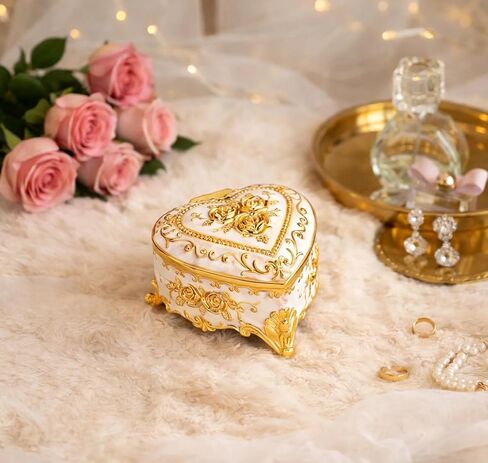 Feyarl Vintage Heart Shaped Jewelry Box White Gold Rose Trinket Box with Velvet Lining Small Ring Earrings Box Case Keepsake Storage Decorative Organizer Box for Women Girls Gift in Saudi Arabia