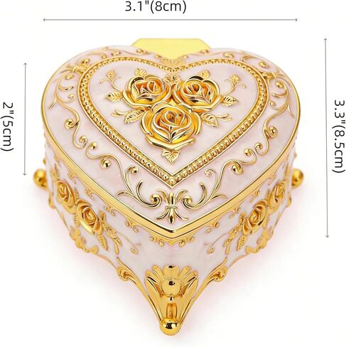 Feyarl Vintage Heart Shaped Jewelry Box White Gold Rose Trinket Box with Velvet Lining Small Ring Earrings Box Case Keepsake Storage Decorative Organizer Box for Women Girls Gift in Saudi Arabia