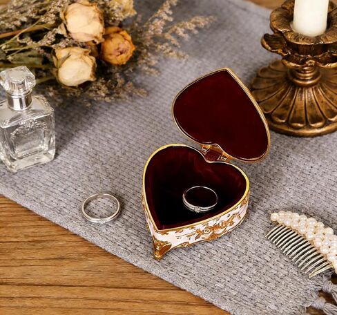 Feyarl Vintage Heart Shaped Jewelry Box White Gold Rose Trinket Box with Velvet Lining Small Ring Earrings Box Case Keepsake Storage Decorative Organizer Box for Women Girls Gift in Saudi Arabia