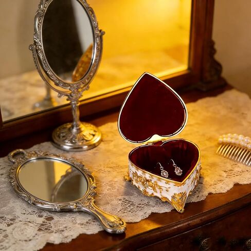 Feyarl Vintage Heart Shaped Jewelry Box White Gold Rose Trinket Box with Velvet Lining Small Ring Earrings Box Case Keepsake Storage Decorative Organizer Box for Women Girls Gift in Saudi Arabia