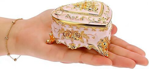 Feyarl Vintage Heart Shaped Jewelry Box White Gold Rose Trinket Box with Velvet Lining Small Ring Earrings Box Case Keepsake Storage Decorative Organizer Box for Women Girls Gift in Saudi Arabia