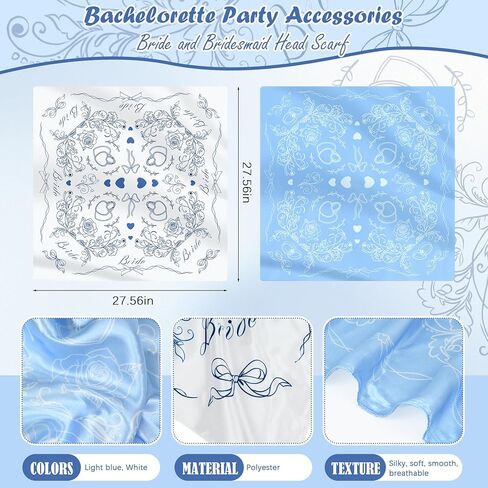 8 Pack Blue and White Silk Bride Bandanas 27 "x 27" Bride Head Scarf Soft Blue Headbands Bridesmaid Gifts White Wedding Handkerchief for Bridal Shower Bridesmaids Bachelorette Bach Party Favors in Kuwait