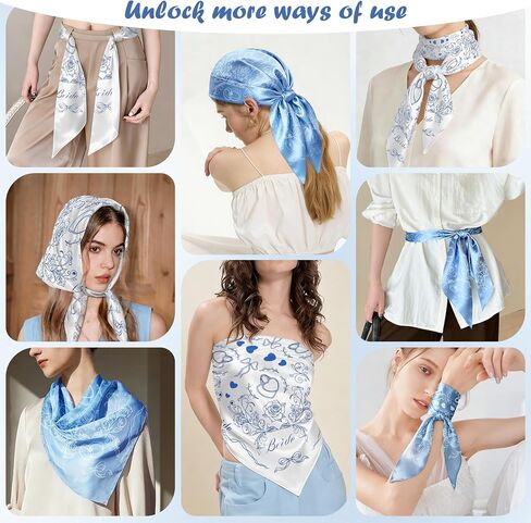 8 Pack Blue and White Silk Bride Bandanas 27 "x 27" Bride Head Scarf Soft Blue Headbands Bridesmaid Gifts White Wedding Handkerchief for Bridal Shower Bridesmaids Bachelorette Bach Party Favors in Kuwait
