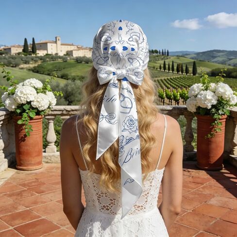 8 Pack Blue and White Silk Bride Bandanas 27 "x 27" Bride Head Scarf Soft Blue Headbands Bridesmaid Gifts White Wedding Handkerchief for Bridal Shower Bridesmaids Bachelorette Bach Party Favors in Kuwait