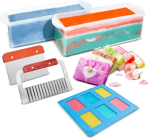 مجموعة لوازم صنع الصابون قالب رغيف 42oz، تتضمن صندوق قطع خشبي قابل للتعديل + قالب رغيف مستطيل مع صندوق خشبي + مموج من الفولاذ المقاوم للصدأ + قاطع مستقيم + أغلفة صابون لصنع الصابون بنفسك in Kuwait