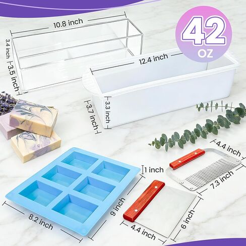 مجموعة لوازم صنع الصابون قالب رغيف 42oz، تتضمن صندوق قطع خشبي قابل للتعديل + قالب رغيف مستطيل مع صندوق خشبي + مموج من الفولاذ المقاوم للصدأ + قاطع مستقيم + أغلفة صابون لصنع الصابون بنفسك in Kuwait