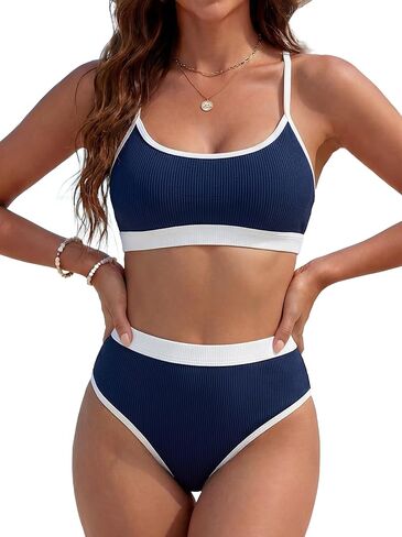 مجموعة بيكيني نسائية ذات كتلة ألوان عالية الخصر وتغطية كاملة مكونة من قطعتين بدلة سباحة مضلعة in Kuwait