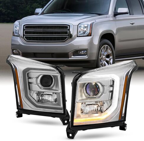 AKKON - Fits 2015-2020 GMC Yukon XL SLT/SLE [Halogen Type] Projector Chrome Headlights Pair w/LED Tube Turn Signal 15-20 in Saudi Arabia