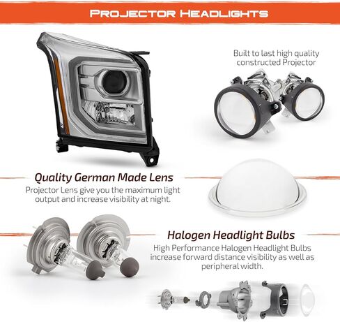 AKKON - Fits 2015-2020 GMC Yukon XL SLT/SLE [Halogen Type] Projector Chrome Headlights Pair w/LED Tube Turn Signal 15-20 in Saudi Arabia