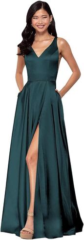 Women's Spaghetti Straps Satin Prom Dress V-Neck Long Formal Evening Gowns with Slit in Kuwait