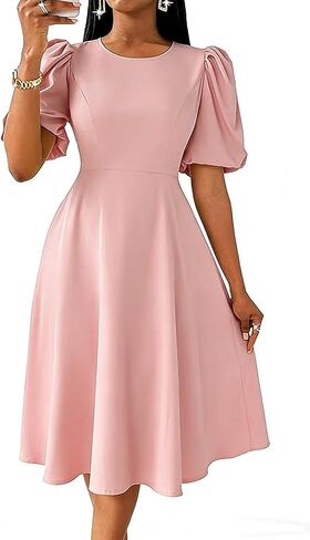 فستان AirZeal الرسمي لحفلات الزفاف وحفلات الكوكتيل للنساء برقبة دائرية وأكمام قصيرة وفساتين مضيئة لحفلات الشاي بطول الركبة in Kuwait