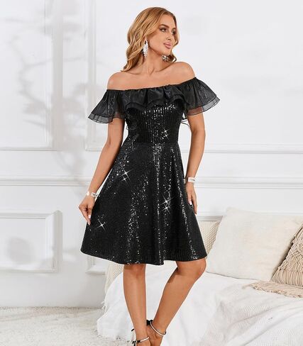 Off Shoulder Sequin Cocktail Dress for Women – Ruffle Neckline A-Line Party Dress for Wedding Guest & Evening in Saudi Arabia