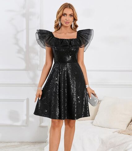 Off Shoulder Sequin Cocktail Dress for Women – Ruffle Neckline A-Line Party Dress for Wedding Guest & Evening in Saudi Arabia