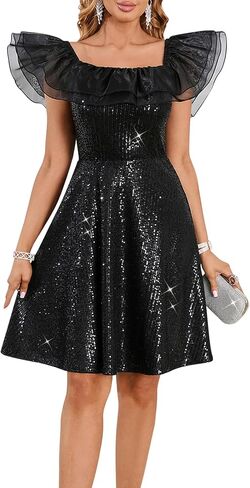 Off Shoulder Sequin Cocktail Dress for Women – Ruffle Neckline A-Line Party Dress for Wedding Guest & Evening in Kuwait