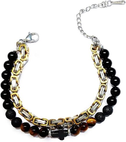 2Pcs Men's Bracelet Set - Byzantine Stainless Steel Chain & Natural Stone Cross Bracelet, Tiger Eye Black Obsidian Hematite Beads, Christian Religious Jewelry Gift for Him, Father's Day Birthday in Saudi Arabia