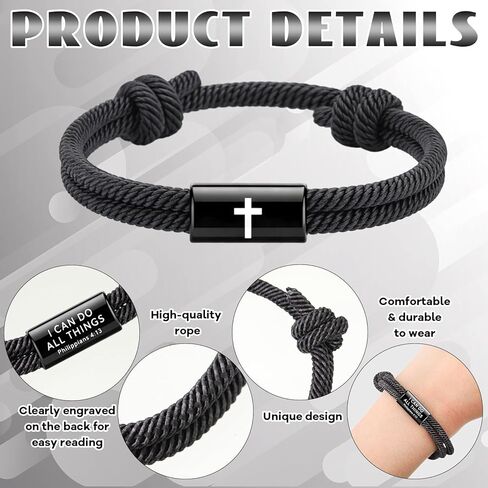 Tondiamo 3 Pcs Cross Bible Verse Bracelets for Men Adjustable Braided Religious Bracelet Philippians 4:13 Jesus Bracelets with Metal Knot for Christian Baptism Gifts in Saudi Arabia