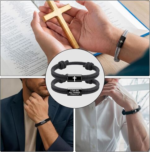 Tondiamo 3 Pcs Cross Bible Verse Bracelets for Men Adjustable Braided Religious Bracelet Philippians 4:13 Jesus Bracelets with Metal Knot for Christian Baptism Gifts in Saudi Arabia