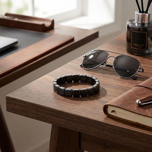 Hematite Bracelet for Men - Natural Stone Black Beaded Weighted Bracelet - Stretch Elastic Mens Bracelets - Male Energy Inspirational Jewelry Gift - Grounding Protection, 7.87 Inch in Kuwait