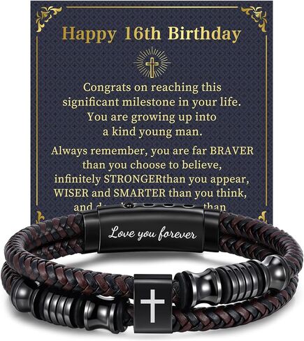 16th 18th 21st 30th 40th 50th 60th Birthday Gifts for Men - Leather Cross Bracelets for Men Adjustable Double-Row Braided Leather Bracelet Faith Religious Christian Easter Happy Birthday Jewelry Gift in Kuwait