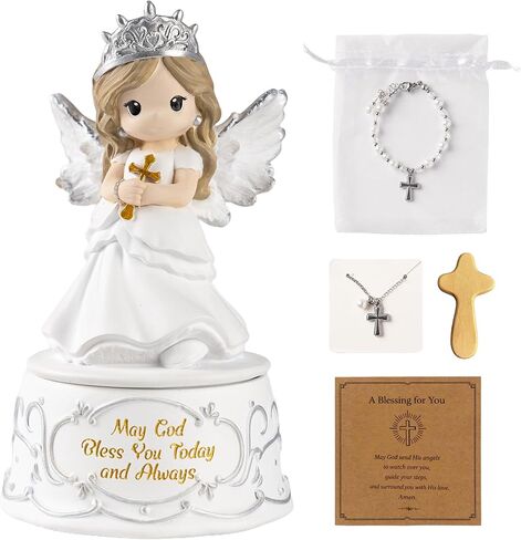 First Communion Gifts for Girls – Baptism & Confirmation Gifts for Teen Girls, Angel Figurine with Keepsake Box, Cross Necklace for Girls & Adjustable Bracelet & Wood Cross in Kuwait