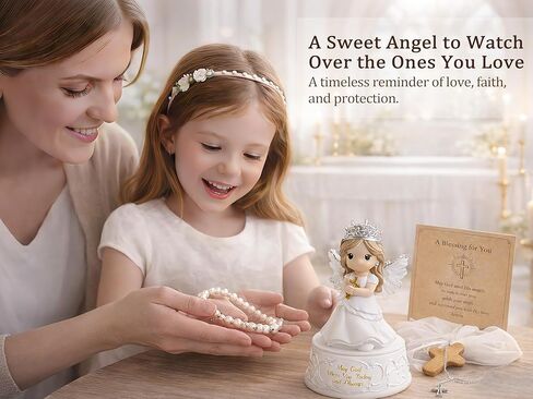 First Communion Gifts for Girls – Baptism & Confirmation Gifts for Teen Girls, Angel Figurine with Keepsake Box, Cross Necklace for Girls & Adjustable Bracelet & Wood Cross in Kuwait