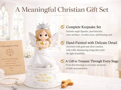 First Communion Gifts for Girls – Baptism & Confirmation Gifts for Teen Girls, Angel Figurine with Keepsake Box, Cross Necklace for Girls & Adjustable Bracelet & Wood Cross in Kuwait