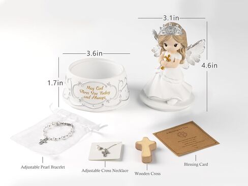 First Communion Gifts for Girls – Baptism & Confirmation Gifts for Teen Girls, Angel Figurine with Keepsake Box, Cross Necklace for Girls & Adjustable Bracelet & Wood Cross in Kuwait