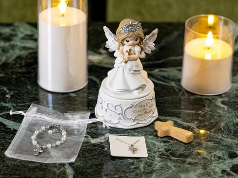 First Communion Gifts for Girls – Baptism & Confirmation Gifts for Teen Girls, Angel Figurine with Keepsake Box, Cross Necklace for Girls & Adjustable Bracelet & Wood Cross in Kuwait