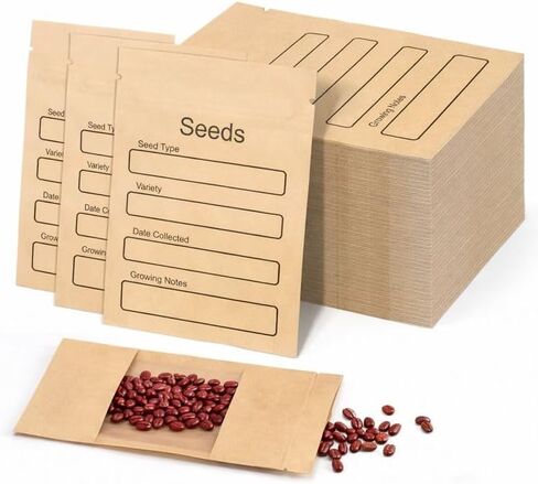 100 Pack Resealable Seed Packets with Clear Window, 4.72 x 3.15 Inch Kraft Paper Seed Packets Envelopes, Self-adhesive Sealing & Preprinted Templates for Seed Storage, Seed Organizer in Saudi Arabia