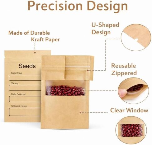 100 Pack Resealable Seed Packets with Clear Window, 4.72 x 3.15 Inch Kraft Paper Seed Packets Envelopes, Self-adhesive Sealing & Preprinted Templates for Seed Storage, Seed Organizer in Saudi Arabia