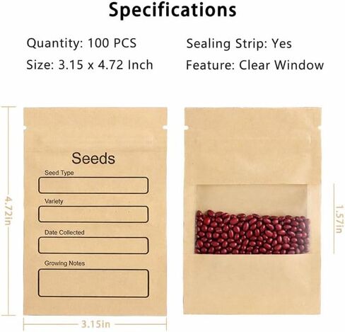 100 Pack Resealable Seed Packets with Clear Window, 4.72 x 3.15 Inch Kraft Paper Seed Packets Envelopes, Self-adhesive Sealing & Preprinted Templates for Seed Storage, Seed Organizer in Saudi Arabia