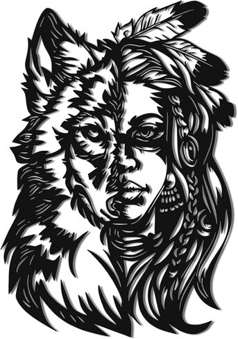 JEWLOVE لوحة فنية جدارية معدنية أمريكية أصلية، لوحة فنية جدارية بتصميم امرأة الذئب - فن قبلي لغرفة المعيشة، والنزل، والمقصورة، وديكور حائط أمريكي أصلي ريفي in Kuwait