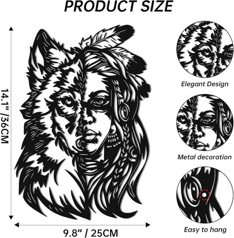 JEWLOVE لوحة فنية جدارية معدنية أمريكية أصلية، لوحة فنية جدارية بتصميم امرأة الذئب - فن قبلي لغرفة المعيشة، والنزل، والمقصورة، وديكور حائط أمريكي أصلي ريفي in Kuwait